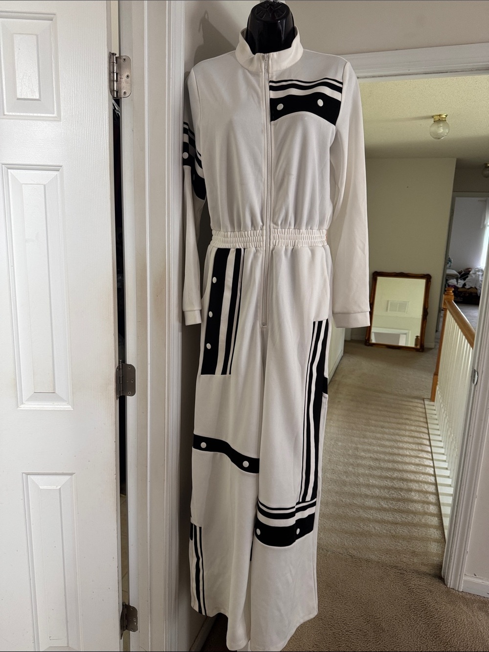 Hot & Delicious White Maxi Jumpsuit with Black Graphic Stripes